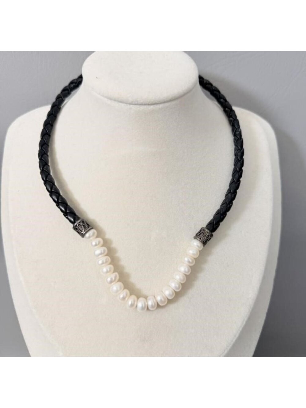 Sterling Silver Freshwater Pearl Braided Black Leather Choker Necklace 14"